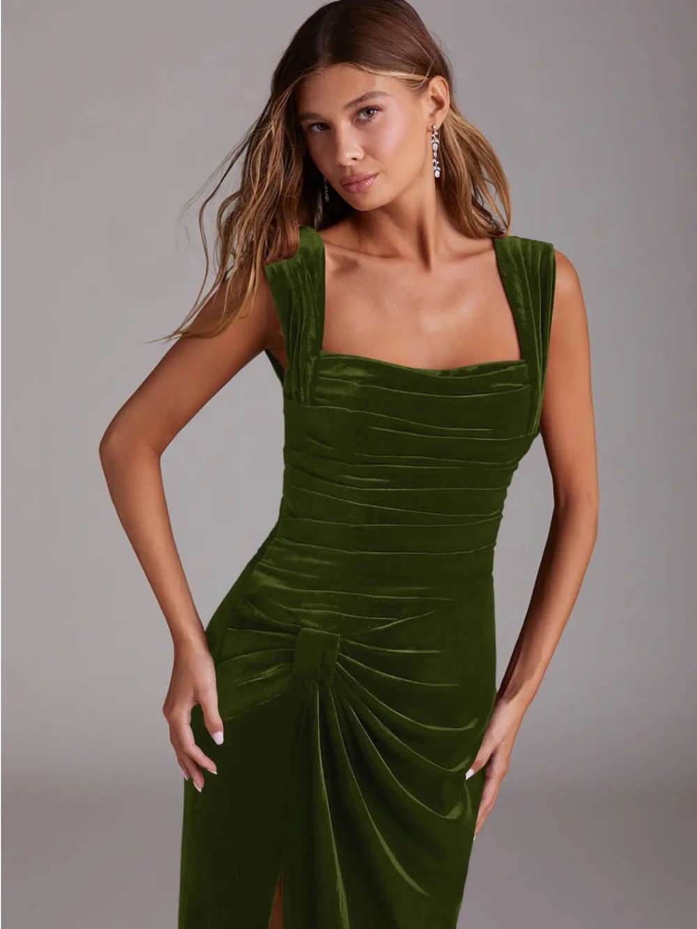 Azazie Genesis Olive Sheath Pleated Velvet Dress, - Picture 5 of 9